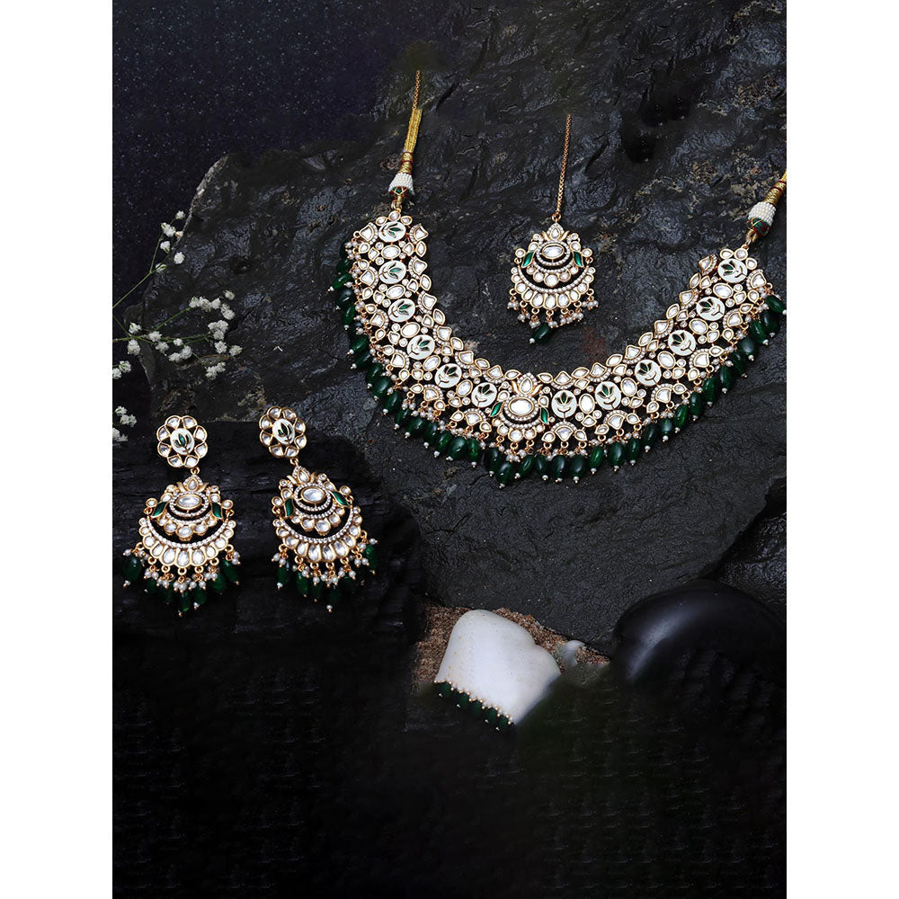 Akulya Jewels Emerald Green Minakari Kundan Choker (Set of 3)