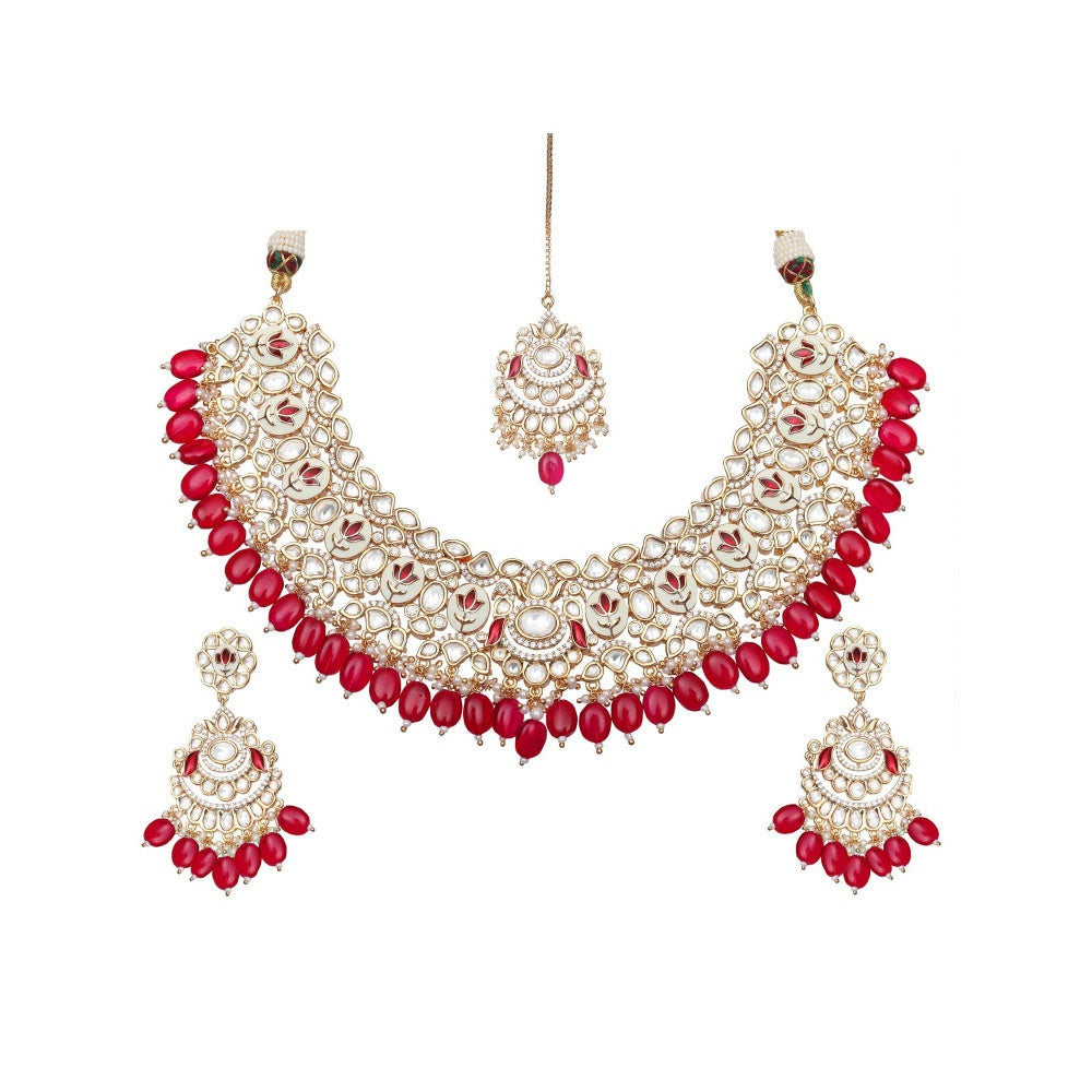Akulya Jewels Vibrant Red Minakari Kundan Choker (Set of 3)
