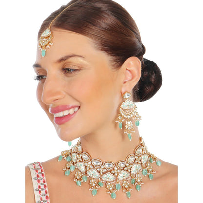 Akulya Jewels Gold Finished Mint Minakari Kundan Choker (Set of 3)