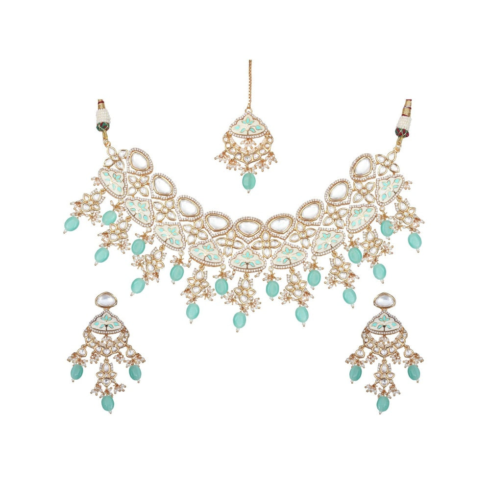 Akulya Jewels Gold Finished Mint Minakari Kundan Choker (Set of 3)