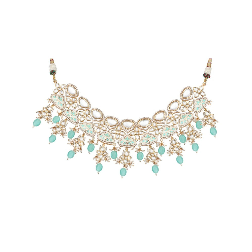 Akulya Jewels Gold Finished Mint Minakari Kundan Choker (Set of 3)