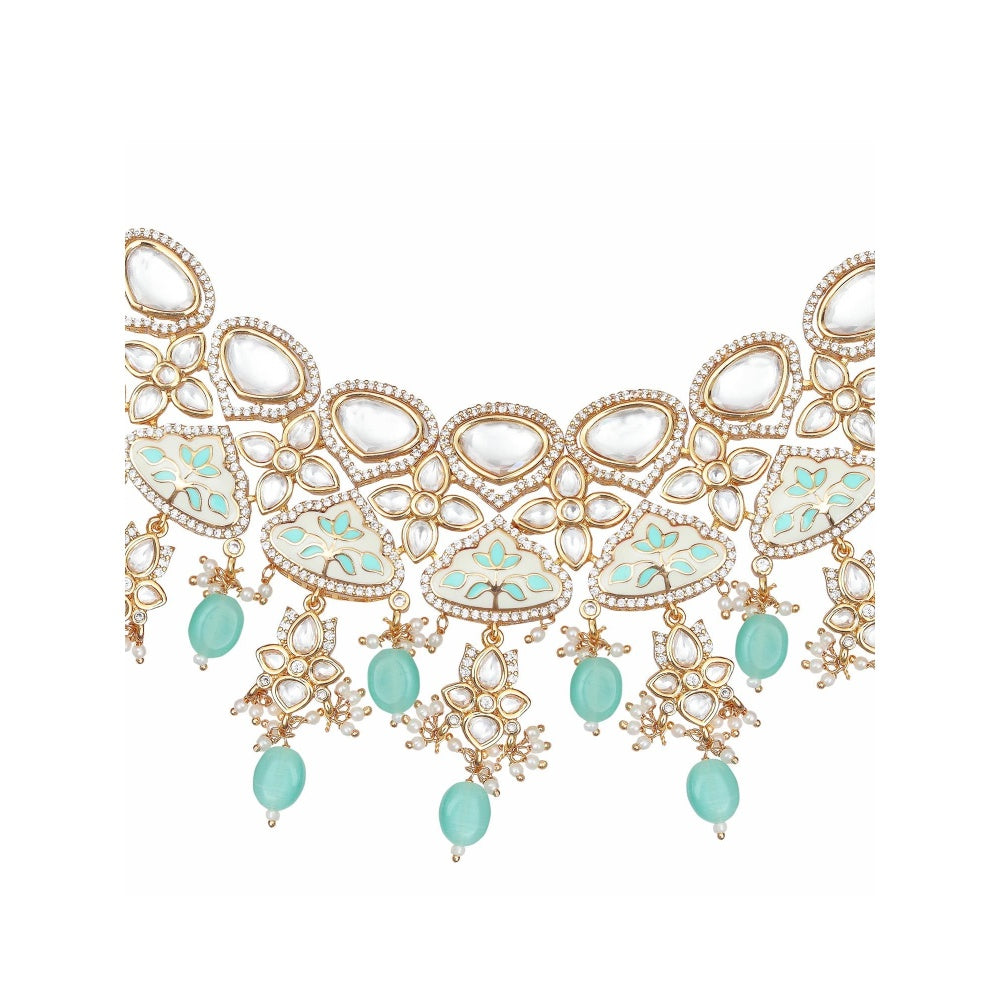 Akulya Jewels Gold Finished Mint Minakari Kundan Choker (Set of 3)