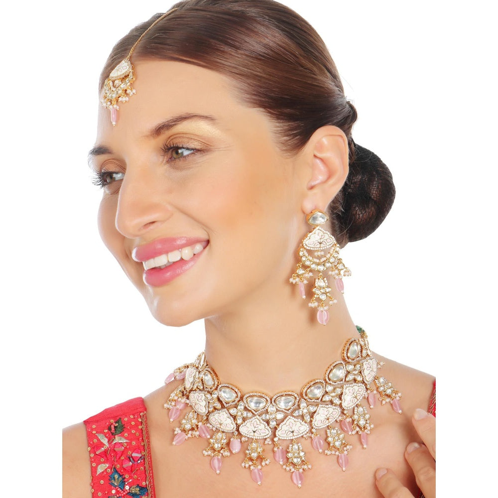 Akulya Jewels Gold Finished Pink Minakari Kundan Choker (Set of 3)