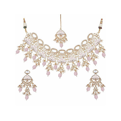 Akulya Jewels Gold Finished Pink Minakari Kundan Choker (Set of 3)