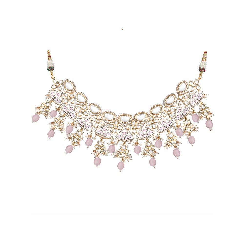 Akulya Jewels Gold Finished Pink Minakari Kundan Choker (Set of 3)
