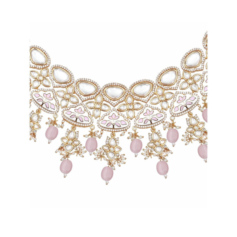 Akulya Jewels Gold Finished Pink Minakari Kundan Choker (Set of 3)