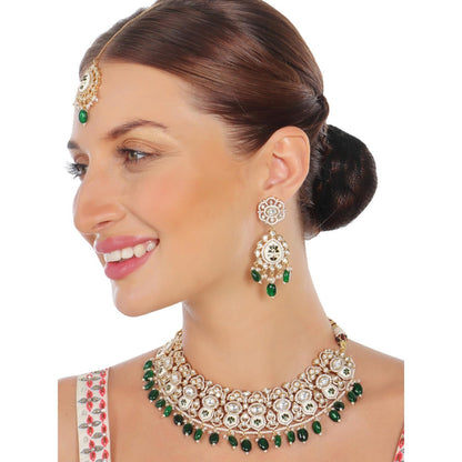 Akulya Jewels Emerald Green Minakari Kundan Choker (Set of 3)