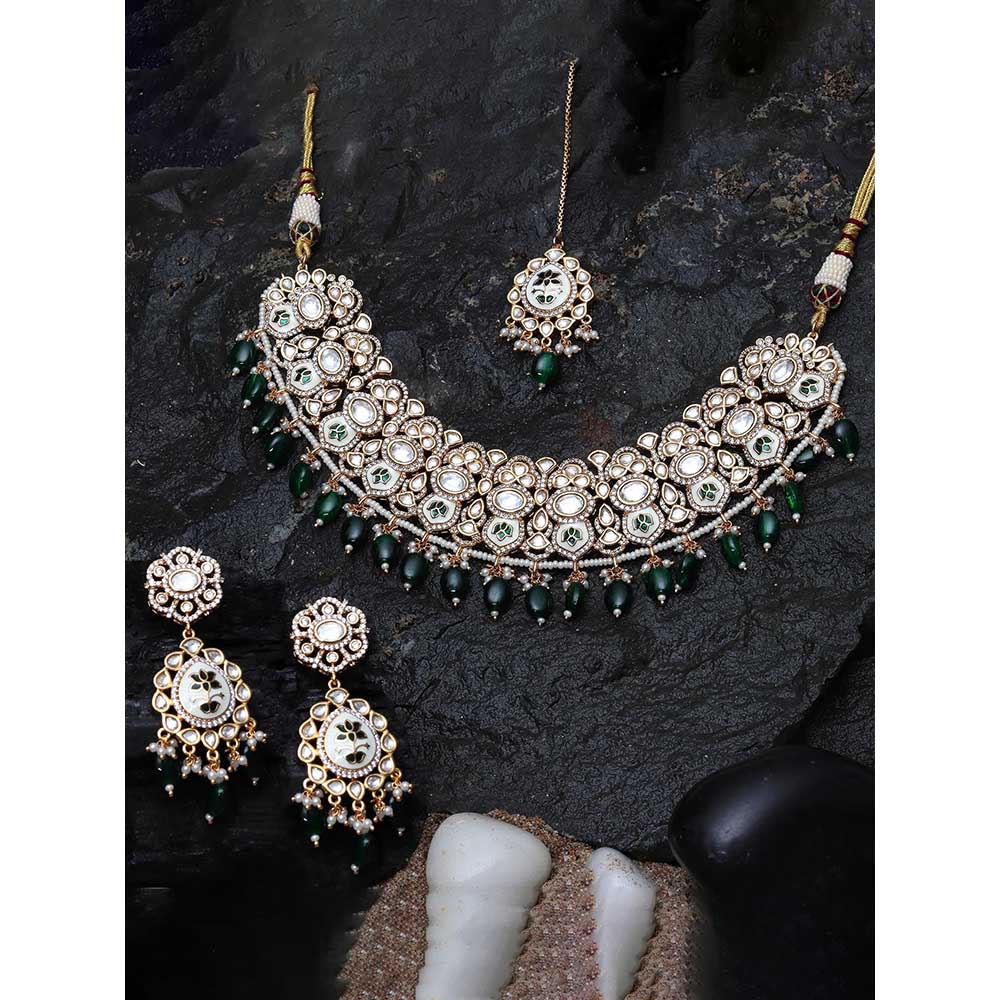 Akulya Jewels Emerald Green Minakari Kundan Choker (Set of 3)
