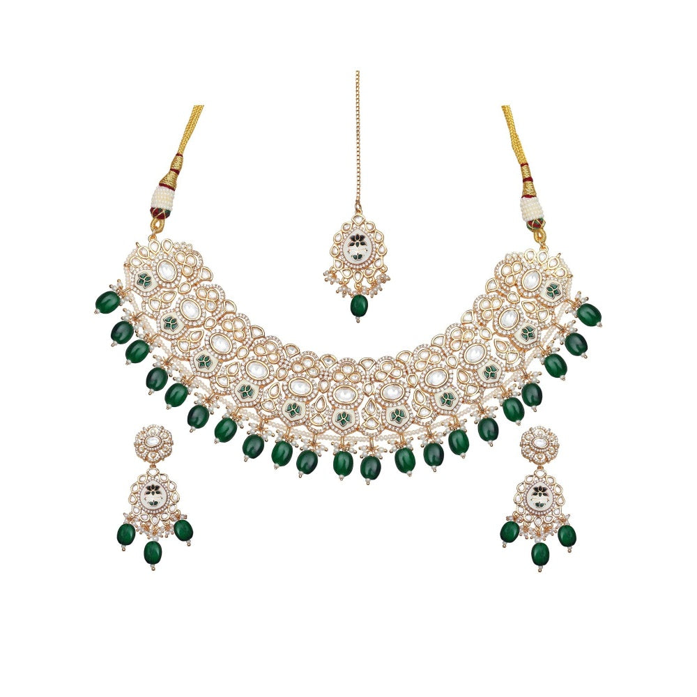 Akulya Jewels Emerald Green Minakari Kundan Choker (Set of 3)