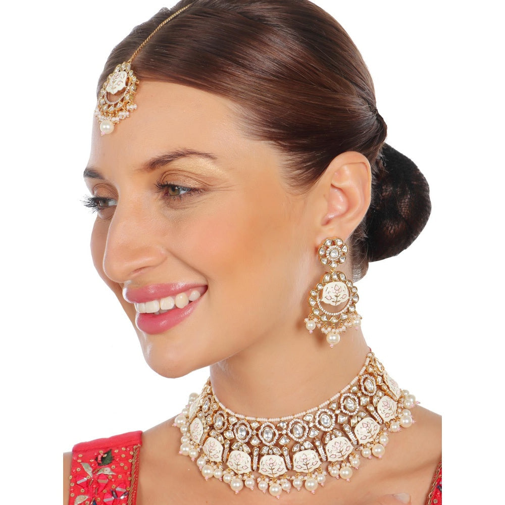 Akulya Jewels White and Pink Minakari Kundan Choker (Set of 3)
