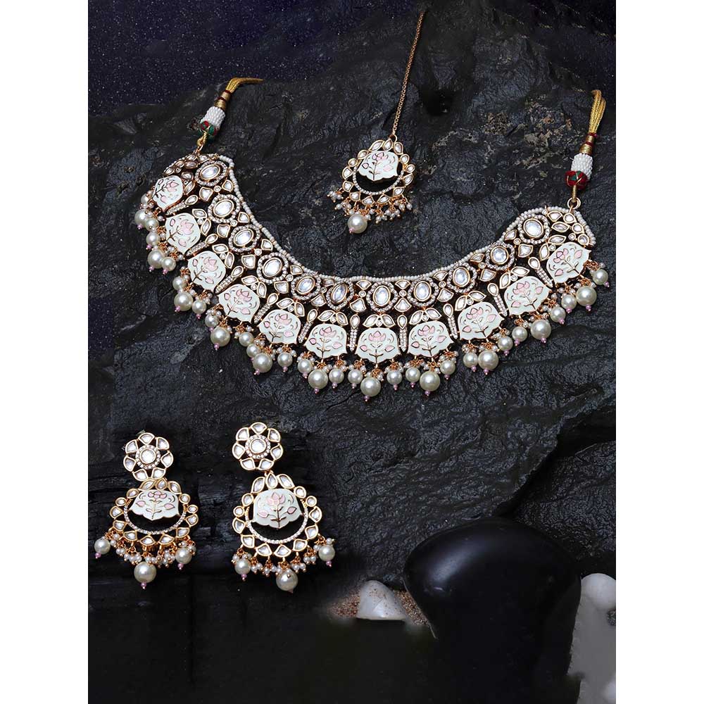 Akulya Jewels White and Pink Minakari Kundan Choker (Set of 3)