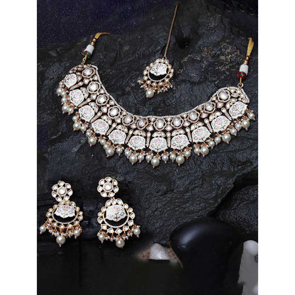 Akulya Jewels White and Pink Minakari Kundan Choker (Set of 3)