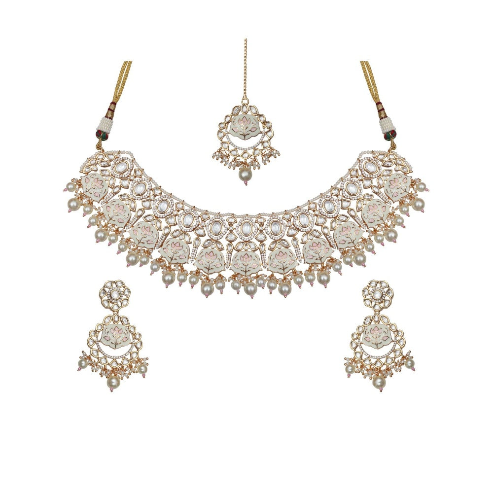 Akulya Jewels White and Pink Minakari Kundan Choker (Set of 3)