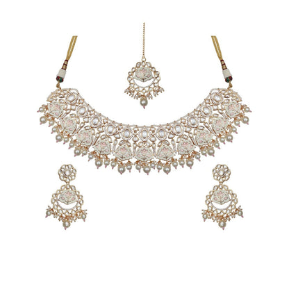 Akulya Jewels White and Pink Minakari Kundan Choker (Set of 3)