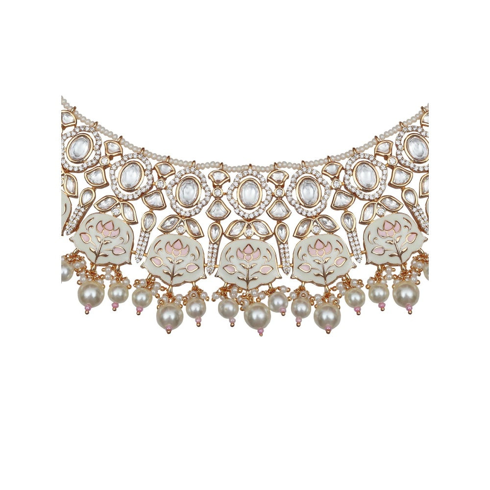 Akulya Jewels White and Pink Minakari Kundan Choker (Set of 3)
