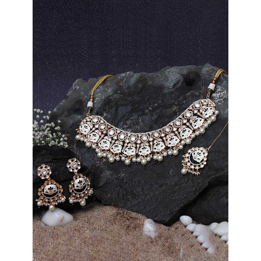 Akulya Jewels Green and White Minakari Kundan Choker (Set of 3)