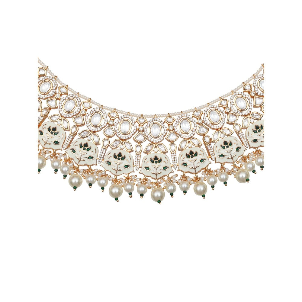 Akulya Jewels Green and White Minakari Kundan Choker (Set of 3)