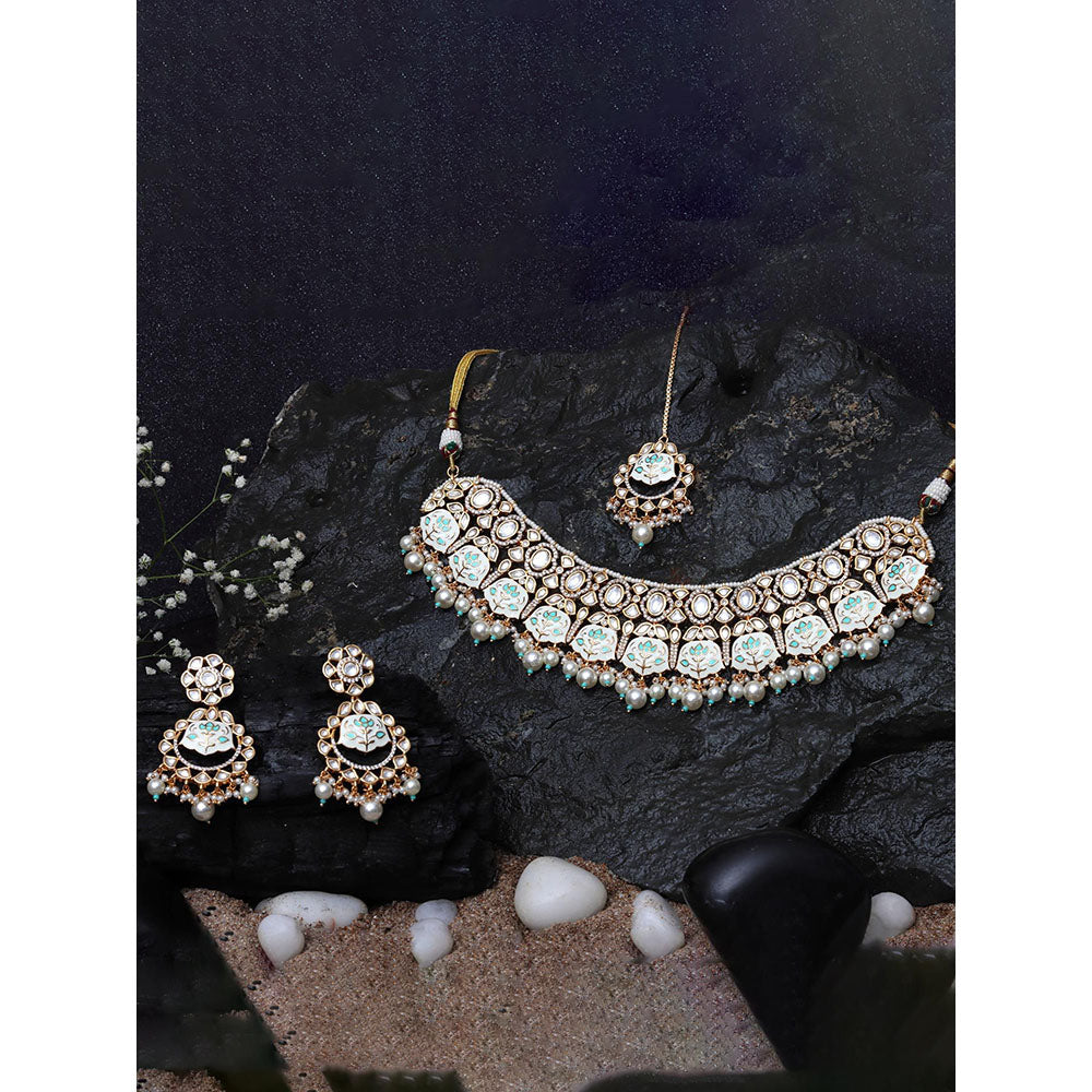 Akulya Jewels Turquoise and White Minakari Kundan Choker (Set of 3)
