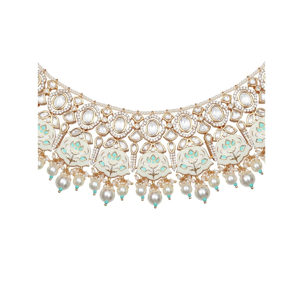Akulya Jewels Turquoise and White Minakari Kundan Choker (Set of 3)