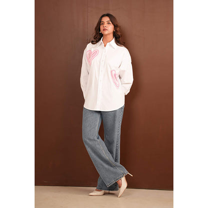 All Eyes On You Aeoy White Heart Embellished Cotton Shirt