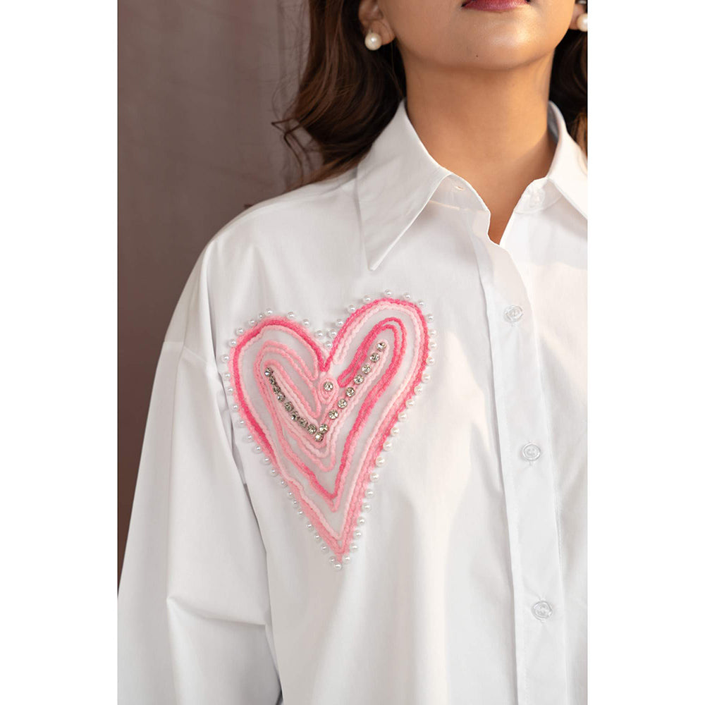 All Eyes On You Aeoy White Heart Embellished Cotton Shirt