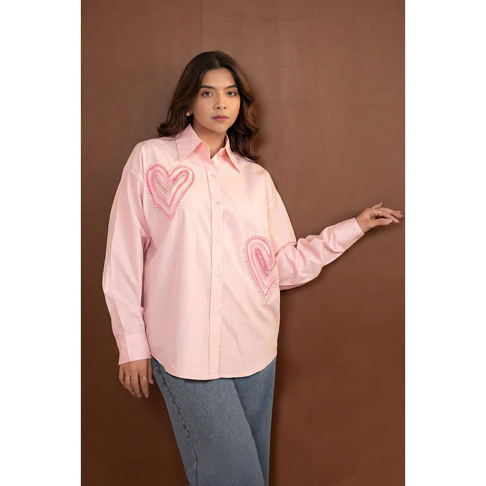 All Eyes On You Aeoy Pink Heart Embellished Cotton Shirt