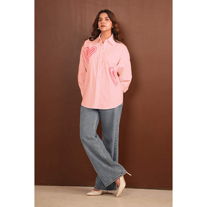 All Eyes On You Aeoy Pink Heart Embellished Cotton Shirt
