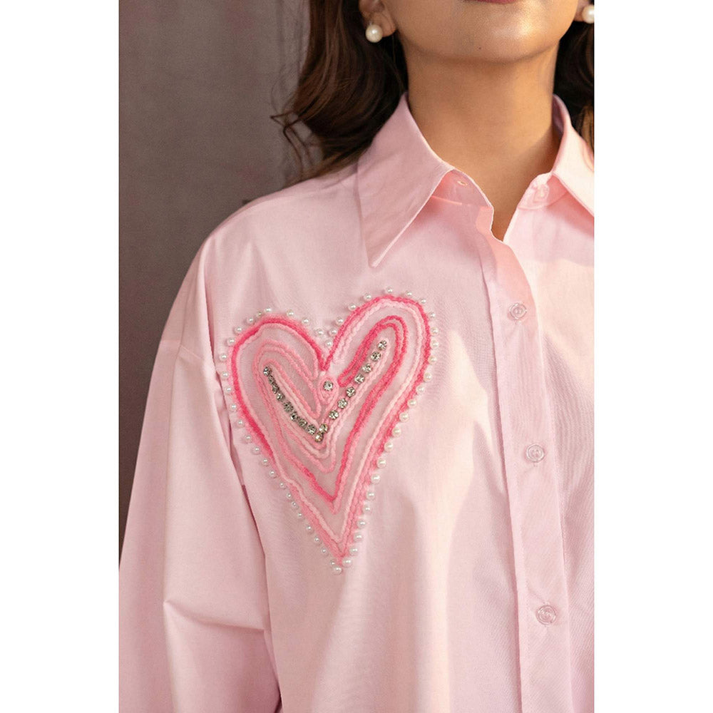 All Eyes On You Aeoy Pink Heart Embellished Cotton Shirt