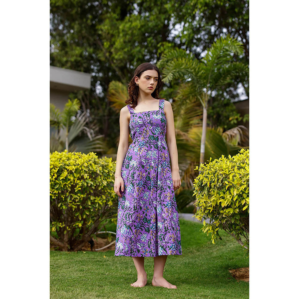 AlterEGO Purple Penny Pretty Printed Back Tie Midi Dress