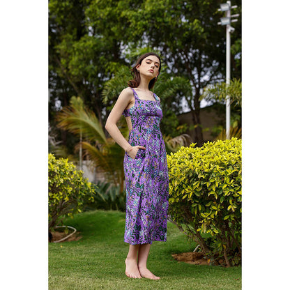 AlterEGO Purple Penny Pretty Printed Back Tie Midi Dress