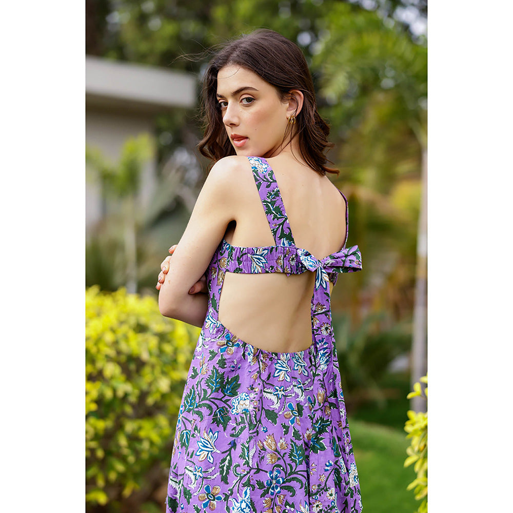 AlterEGO Purple Penny Pretty Printed Back Tie Midi Dress