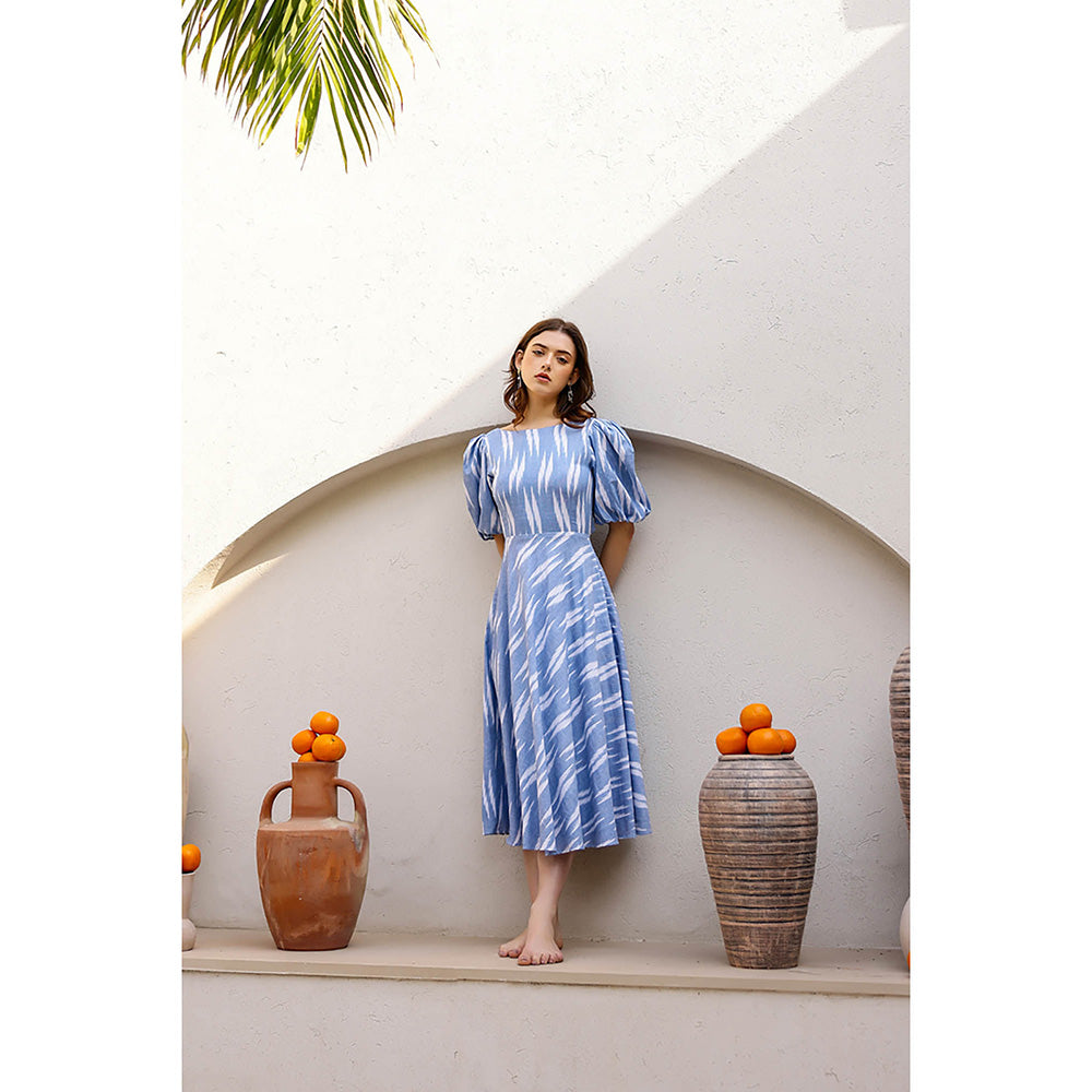 AlterEGO Blue Ansley Printed Weaved Back Tie-Up Midi Dress