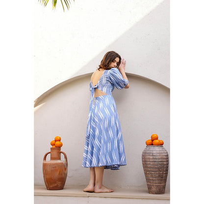 AlterEGO Blue Ansley Printed Weaved Back Tie-Up Midi Dress