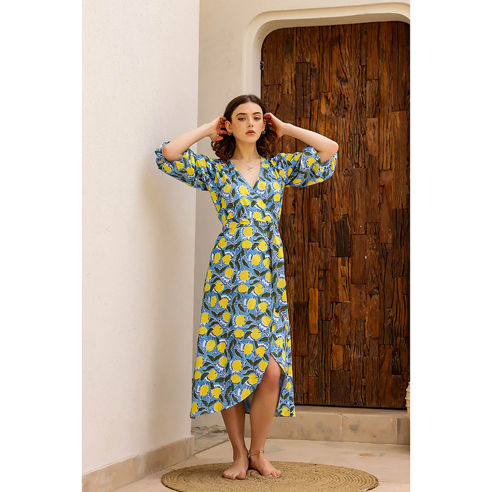 AlterEGO Blue Lulu Lemon Love Printed Wrap Midi Dress