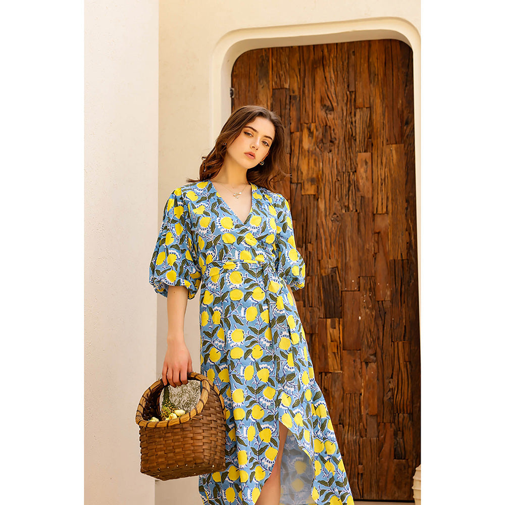 AlterEGO Blue Lulu Lemon Love Printed Wrap Midi Dress
