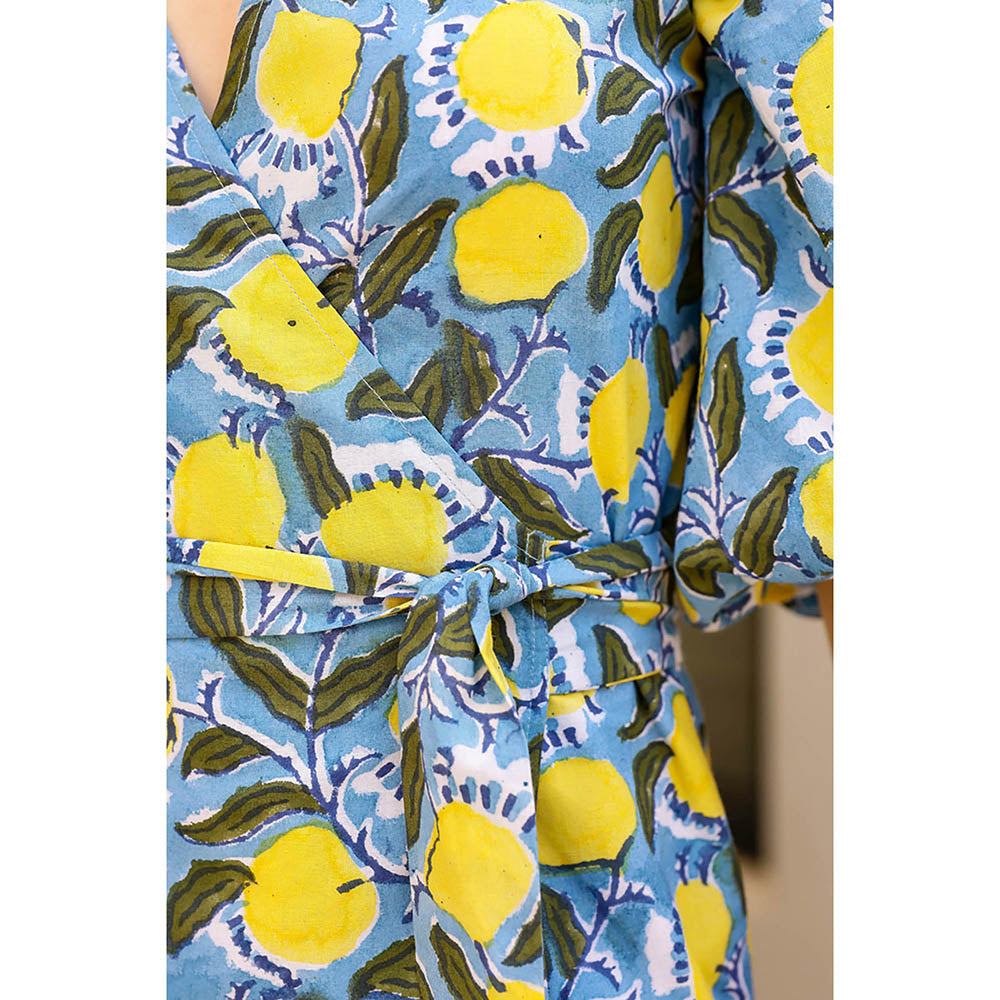 AlterEGO Blue Lulu Lemon Love Printed Wrap Midi Dress