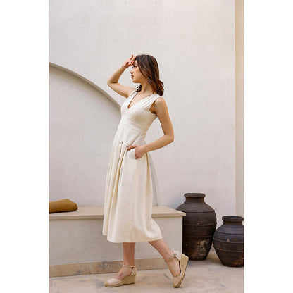 AlterEGO Off White Harriet Structured Solid Khadi Midi Dress