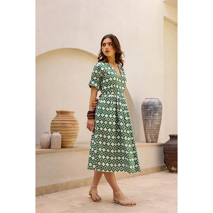 AlterEGO Green Printed Waist Tie-Up Midi Dress