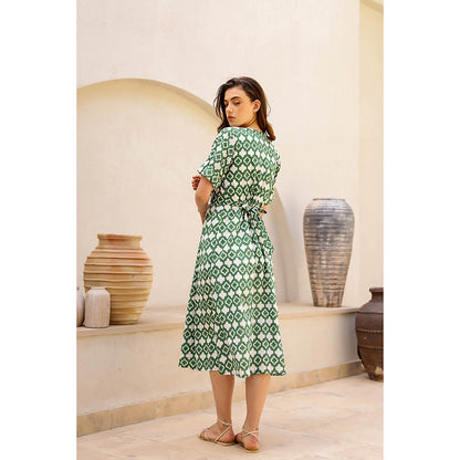 AlterEGO Green Printed Waist Tie-Up Midi Dress