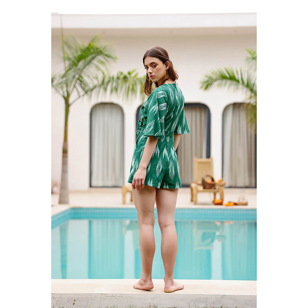 AlterEGO Green Selena Printed Tie- Up Neck Playsuit