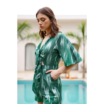 AlterEGO Green Selena Printed Tie- Up Neck Playsuit