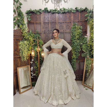 Amaltas Couture Kish Off White Modern Blouse with Lehenga and Dupatta (Set of 3)