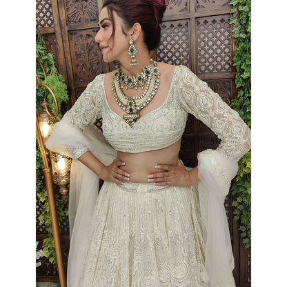 Amaltas Couture Kish Off White Modern Blouse with Lehenga and Dupatta (Set of 3)