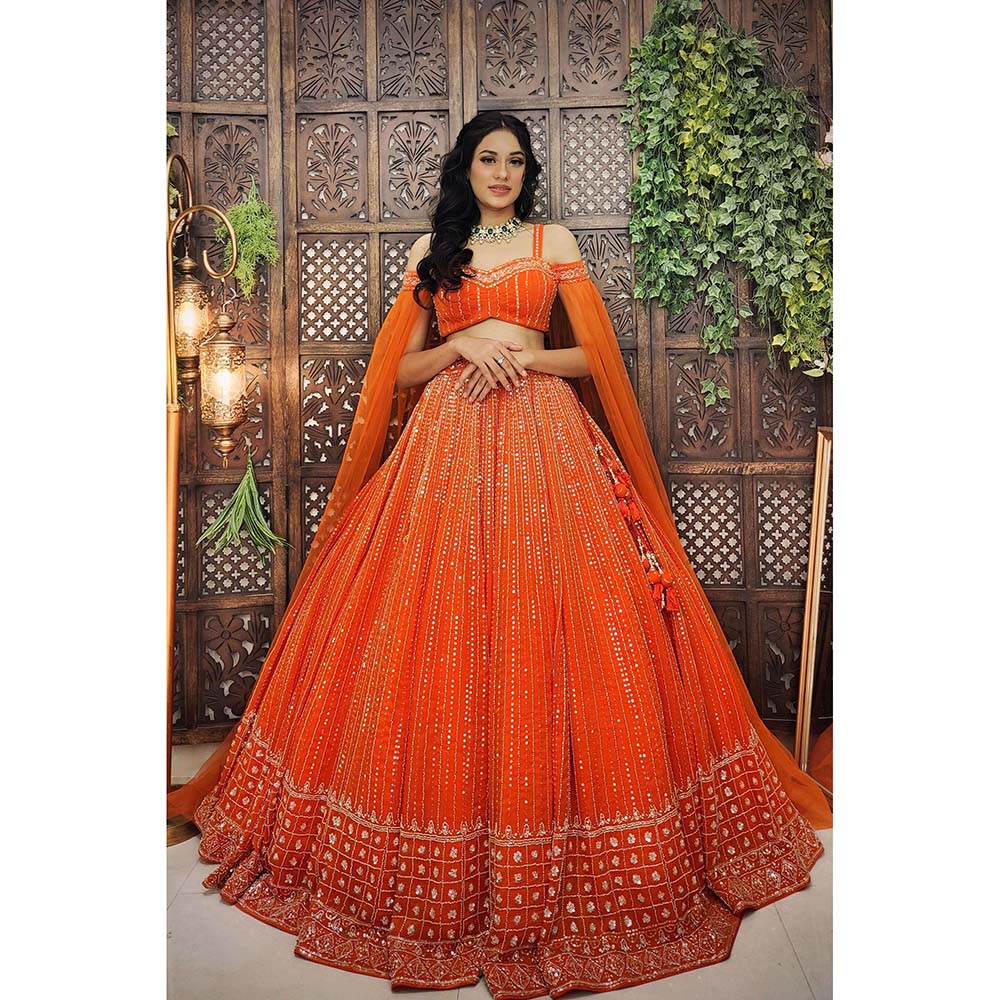 Amaltas Couture Isla Organza Orange Embroidered Blouse with Lehenga (Set of 2)