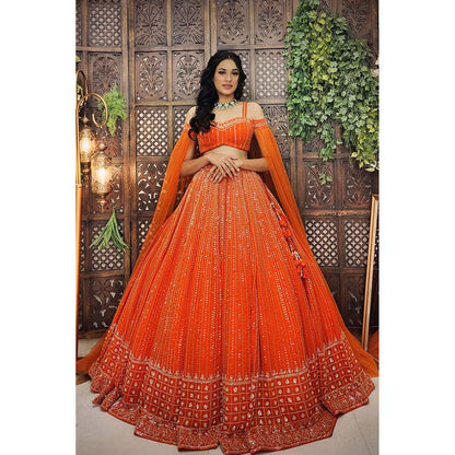 Amaltas Couture Isla Organza Orange Embroidered Blouse with Lehenga (Set of 2)