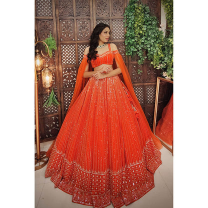Amaltas Couture Isla Organza Orange Embroidered Blouse with Lehenga (Set of 2)