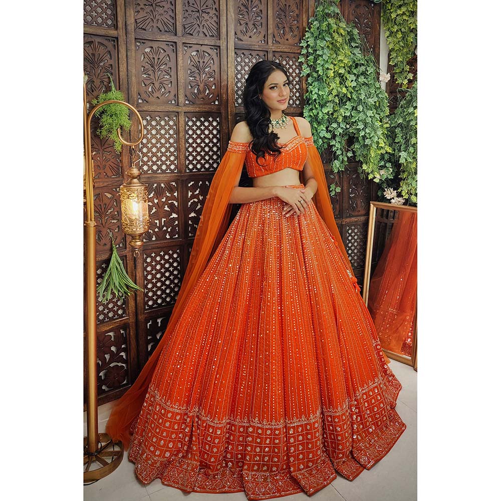 Amaltas Couture Isla Organza Orange Embroidered Blouse with Lehenga (Set of 2)