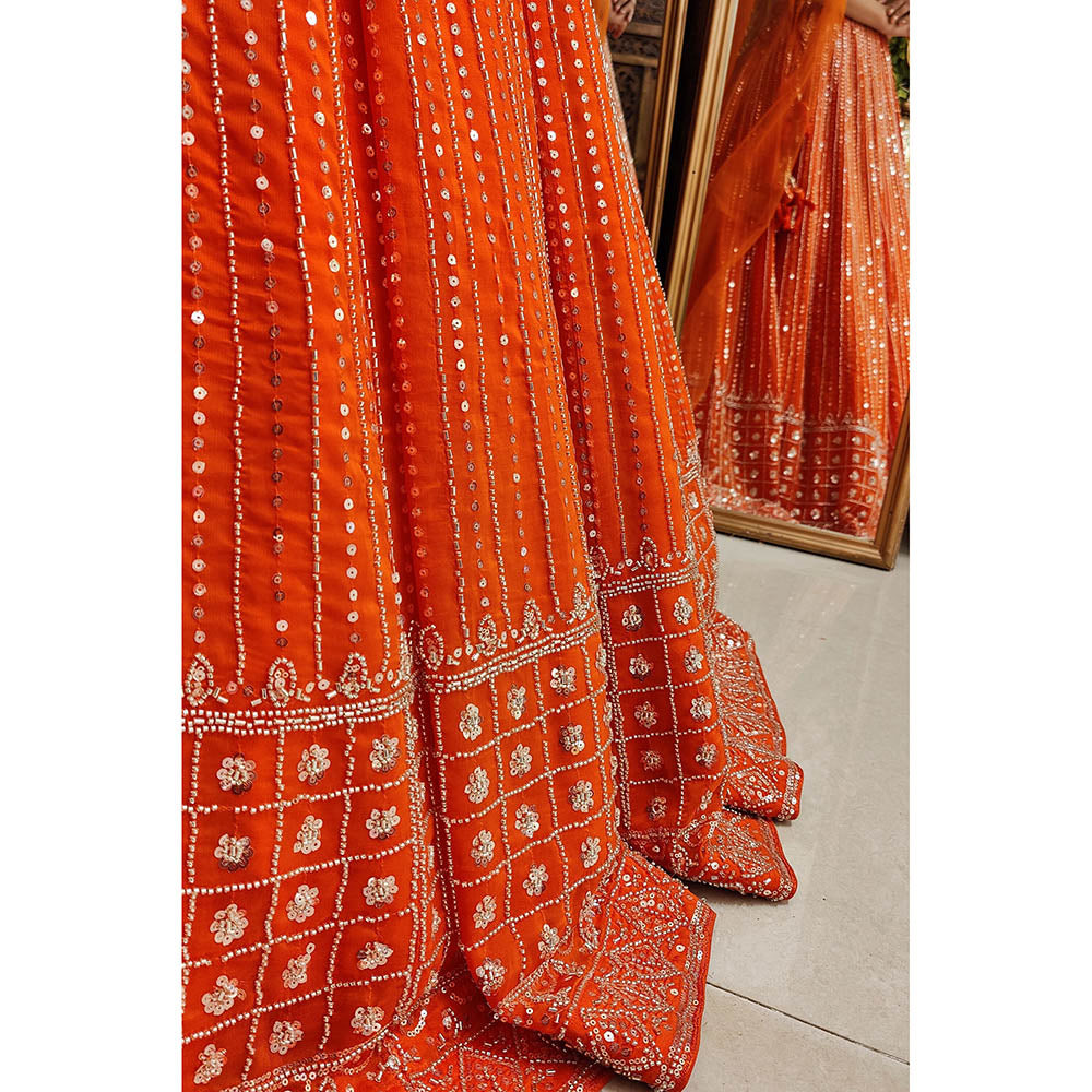 Amaltas Couture Isla Organza Orange Embroidered Blouse with Lehenga (Set of 2)