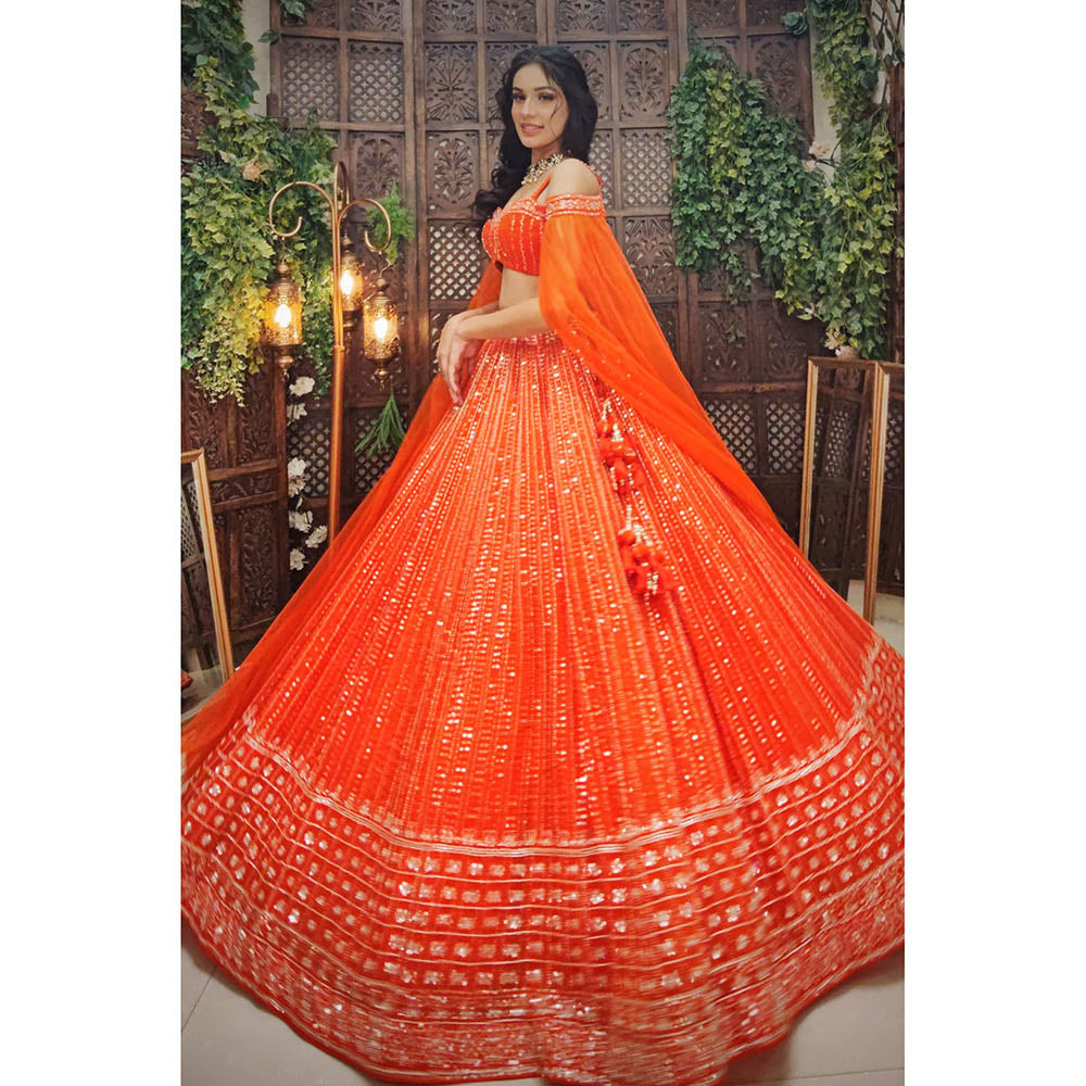 Amaltas Couture Isla Organza Orange Embroidered Blouse with Lehenga (Set of 2)
