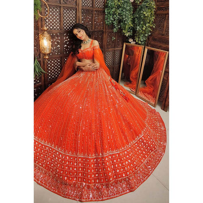 Amaltas Couture Isla Organza Orange Embroidered Blouse with Lehenga (Set of 2)